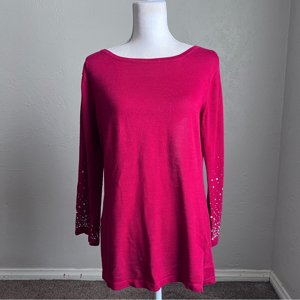 Avon Vintage Pullover with Embellished Sleeves L Red and Sparkly Silver